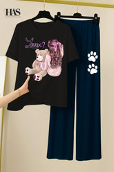 Bear Love Lady Printed Nightwear Set with Bear Trouser – Women's Lounge Wear Clothing By Has