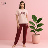 Peach Sleep Maroon Trouser Night Suit