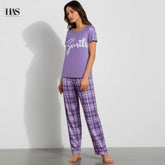 Lavender Smile Check lounge Set Night Suit