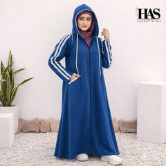 A woman is wearing a modest, sporty-style long outer garment in a deep color.