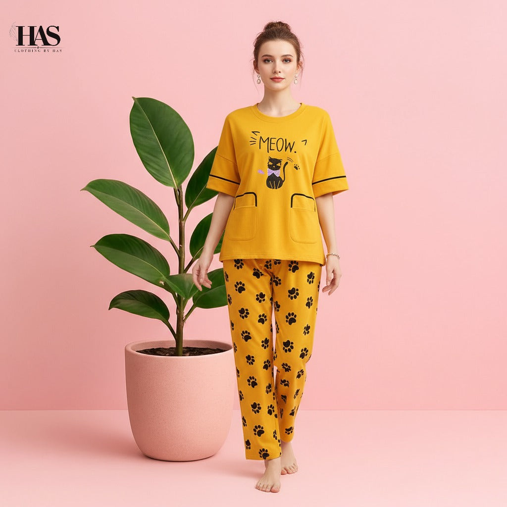 Yellow Meow Night Suit