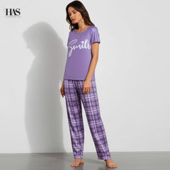 Lavender Smile Check lounge Set Night Suit