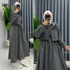 Short Hoodie Long Maxi Style 2-Pcs Winter Tracksuit For Her.